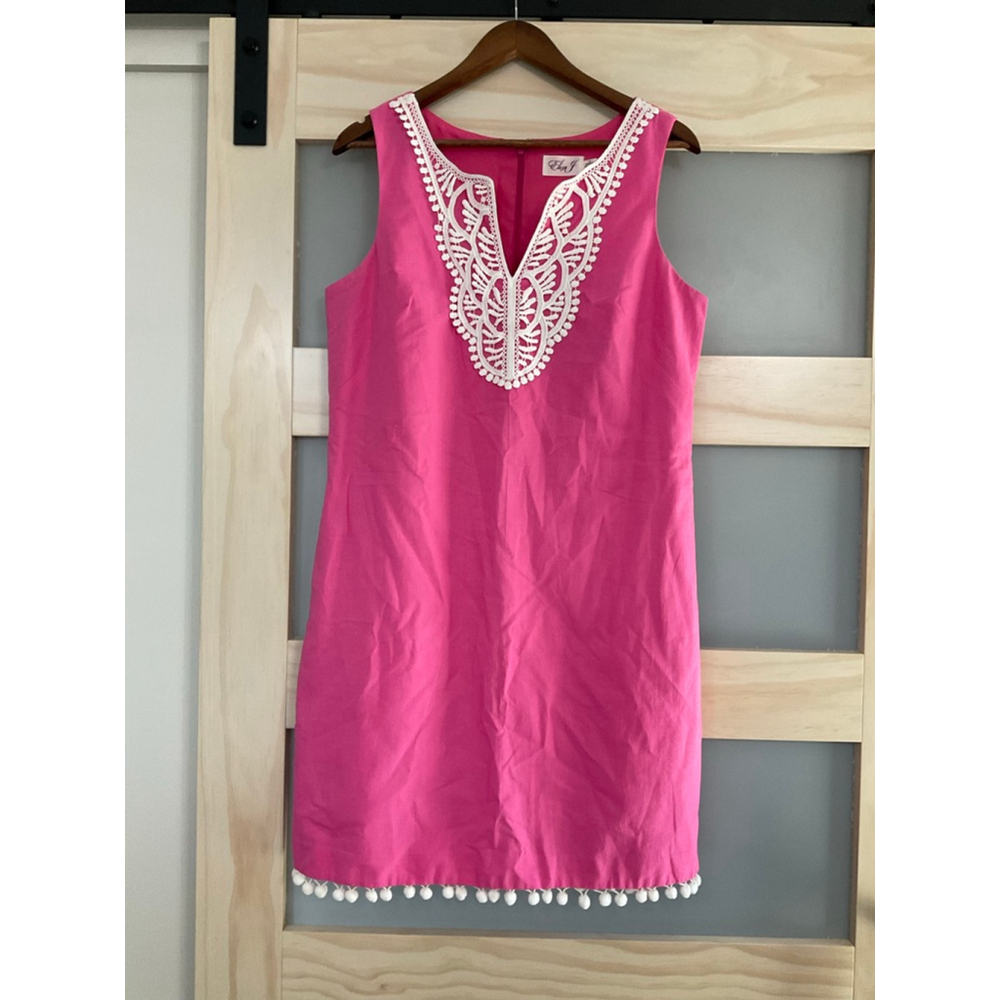 Eliza J Pink Pom Pom Trim Shift Dress Size 12 Linen Blend - Picture 2 of 7